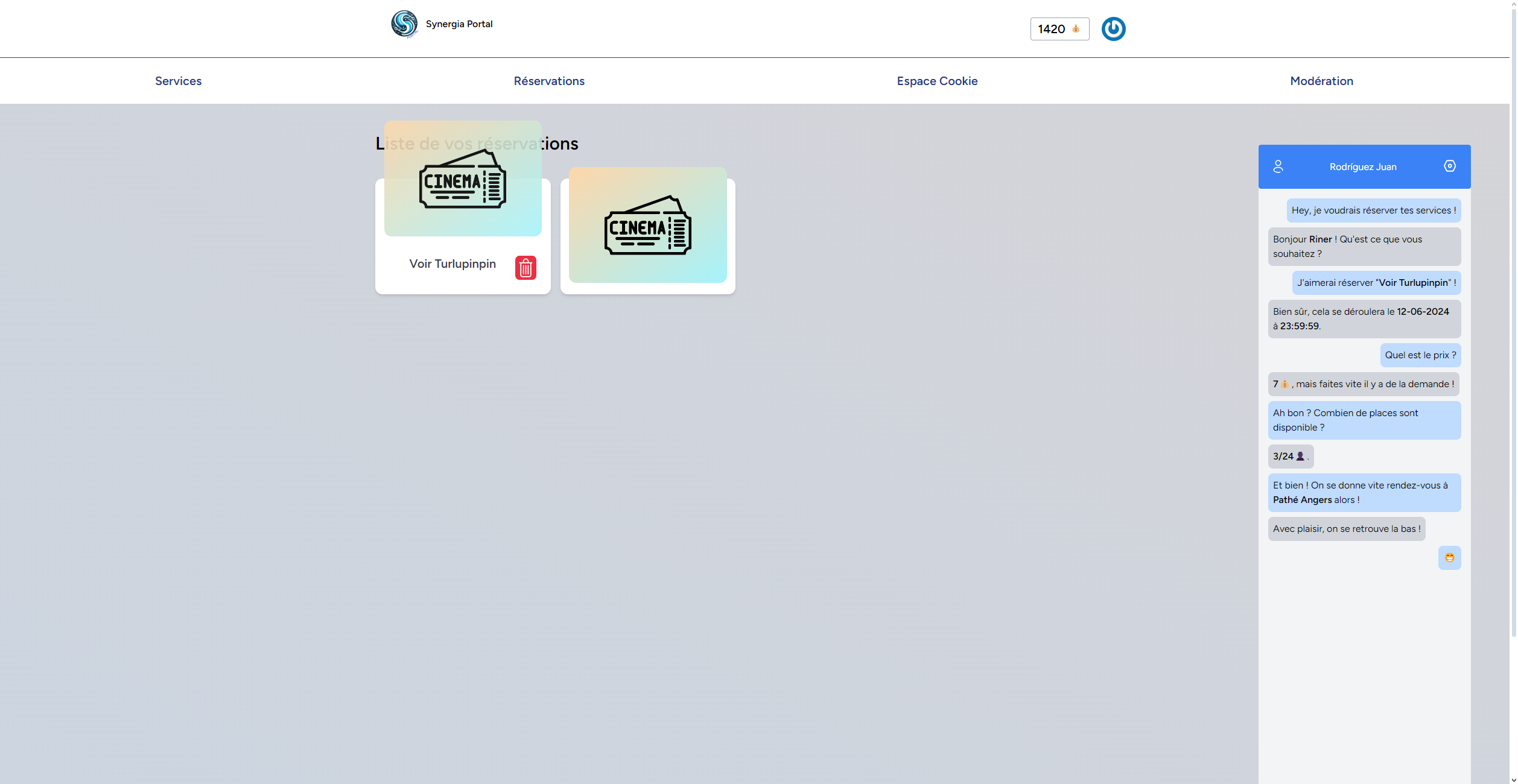 Page des réservations de l'utilisateur