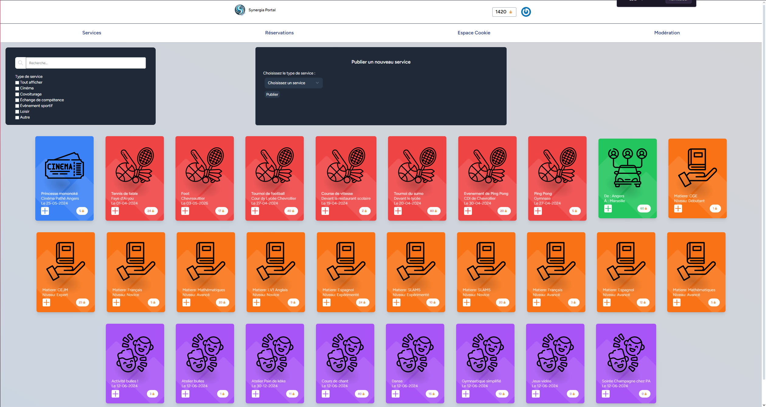 Page des services en publiés par les étudiants